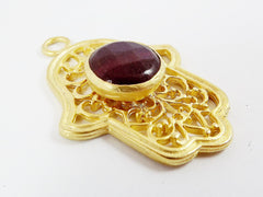 Curly Filigree Hamsa Hand of Fatima Pendant Deep Garnet Red Jade- 22k Matte Gold Plated - 1PC