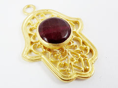 Curly Filigree Hamsa Hand of Fatima Pendant Deep Garnet Red Jade- 22k Matte Gold Plated - 1PC