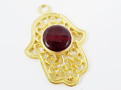 Curly Filigree Hamsa Hand of Fatima Pendant Deep Garnet Red Jade- 22k Matte Gold Plated - 1PC