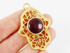 Curly Filigree Hamsa Hand of Fatima Pendant Deep Garnet Red Jade- 22k Matte Gold Plated - 1PC