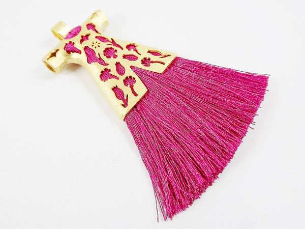 Violet Pink Silk Thread Turkish Caftan Tassel Pendant - 22k Matte Gold Plated - 1PC