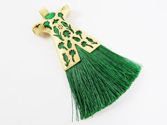 Emerald Green Silk Thread Turkish Caftan Tassel Pendant - 22k Matte Gold Plated - 1PC