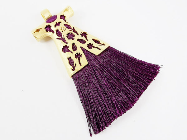 Plum Purple Silk Thread Turkish Caftan Tassel Pendant - 22k Matte Gold Plated - 1PC