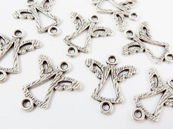 8 Mini Textured Angel Charm Connectors - Matte Antique Silver Plated