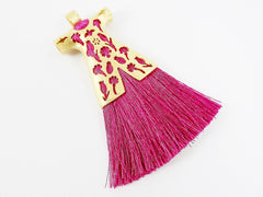 Violet Pink Silk Thread Turkish Caftan Tassel Pendant - 22k Matte Gold Plated - 1PC