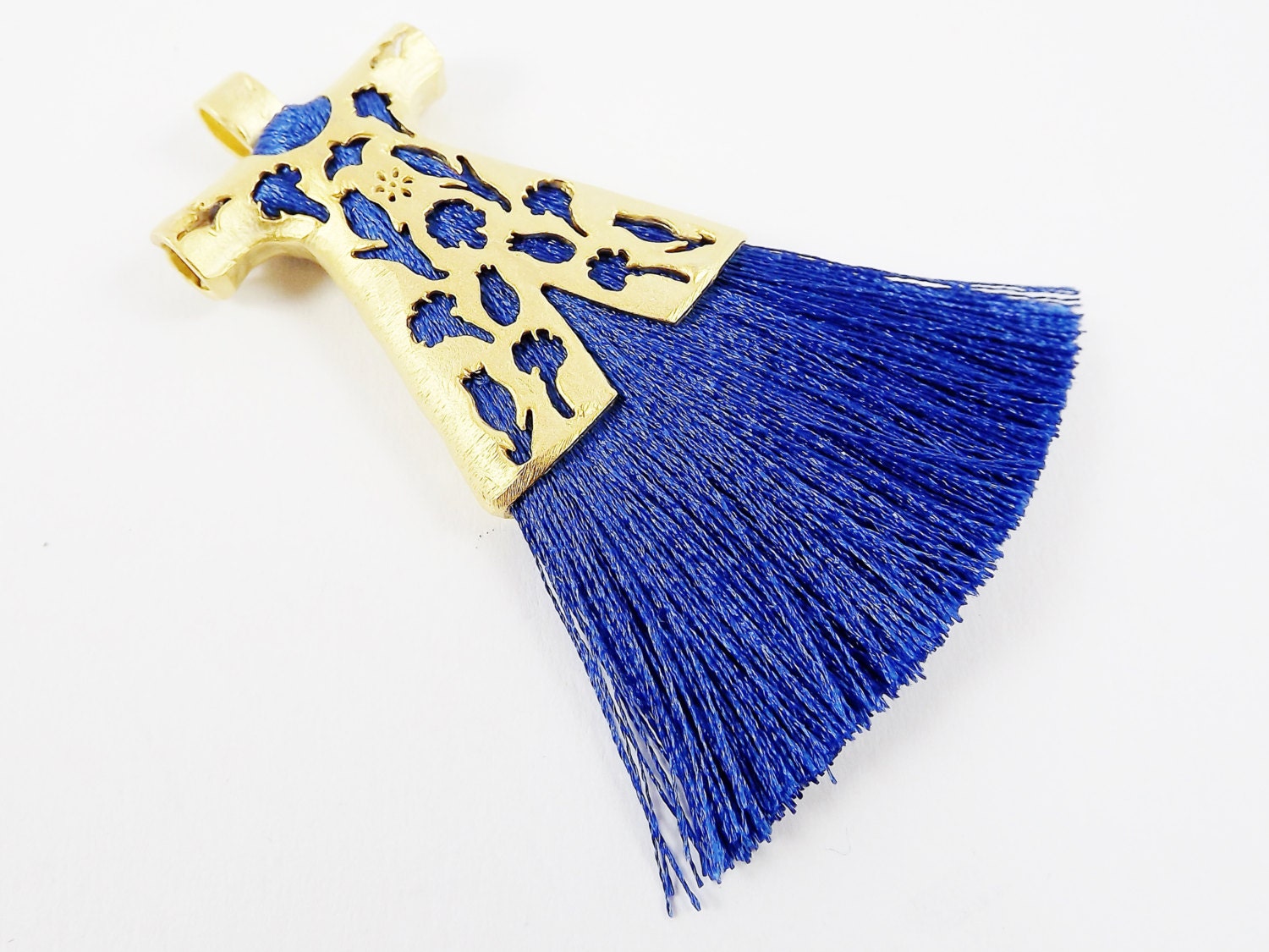 Royal Blue Silk Thread Turkish Caftan Tassel Pendant - 22k Matte Gold Plated - 1PC
