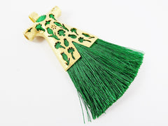 Emerald Green Silk Thread Turkish Caftan Tassel Pendant - 22k Matte Gold Plated - 1PC