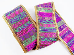 Purple Green Pink Sequin Gold Woven Silk Sari Border Trim Ribbon Golden Bronze Piping - 1 Meter  or 3.3 Feet or 1.09 Yards