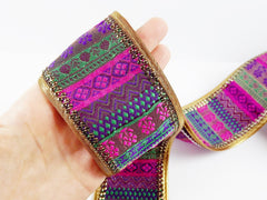 Purple Green Pink Sequin Gold Woven Silk Sari Border Trim Ribbon Golden Bronze Piping - 1 Meter  or 3.3 Feet or 1.09 Yards