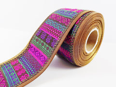 Purple Green Pink Sequin Gold Woven Silk Sari Border Trim Ribbon Golden Bronze Piping - 1 Meter  or 3.3 Feet or 1.09 Yards