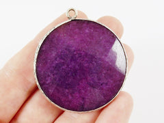 Large 42mm Mulberry Purple Round Facted Jade Pendant - Matte Antique Silver plated Bezel - 1pc
