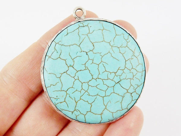 Large 42mm Round Smooth Turquoise Stone Pendant - Matte Antique Silver plated Bezel - 1pc