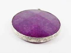 Large 42mm Mulberry Purple Round Facted Jade Pendant - Matte Antique Silver plated Bezel - 1pc
