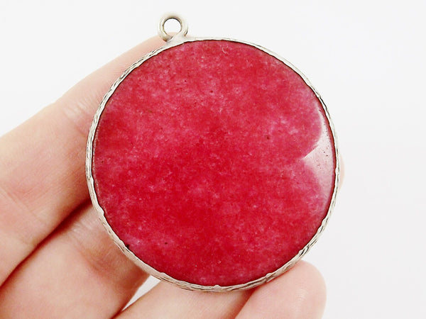 Large 42mm Red Round Facted Jade Pendant - Matte Antique Silver plated Bezel - 1pc