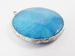 Large 42mm Cyan Blue Jade Pendant, Round Faceted Jade, Blue Pendant, Silver Bezel, Rustic Pendant - Matte Antique Silver plated Bezel - 1pc