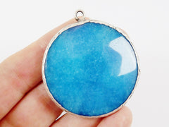 Large 42mm Cyan Blue Jade Pendant, Round Faceted Jade, Blue Pendant, Silver Bezel, Rustic Pendant - Matte Antique Silver plated Bezel - 1pc