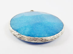 Large 42mm Cyan Blue Jade Pendant, Round Faceted Jade, Blue Pendant, Silver Bezel, Rustic Pendant - Matte Antique Silver plated Bezel - 1pc