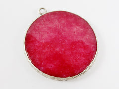 Large 42mm Red Round Facted Jade Pendant - Matte Antique Silver plated Bezel - 1pc