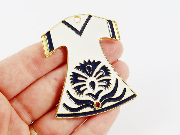 Large Navy White Enamel Turkish Caftan Pendant - 22k Matte Gold Plated - 1PC