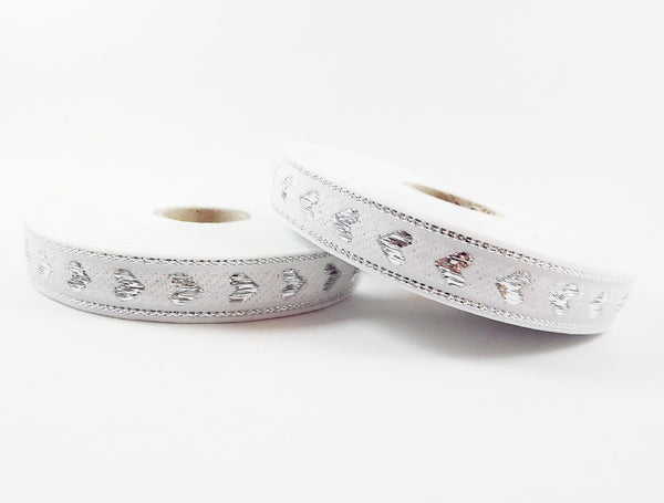 16mm White Metallic Silver Heart Woven Embroidered Jacquard Trim Ribbon - 5 Meters or 16 feet 427⁄32 inches or 5yd 1.4042ft