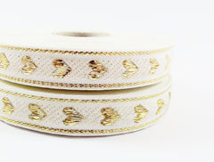16mm Cream Metallic Gold Heart Woven Embroidered Jacquard Trim Ribbon - 5 Meters or 16 feet 427⁄32 inches or 5yd 1.4042ft