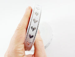 16mm White Metallic Silver Heart Woven Embroidered Jacquard Trim Ribbon - 5 Meters or 16 feet 427⁄32 inches or 5yd 1.4042ft