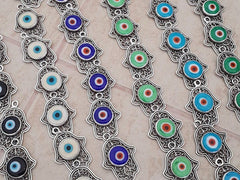 Curly Filigree Hamsa Hand of Fatima Pendant Blue Artisan Glass Evil Eye - Matte Antique Silver Plated - 1pc