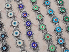 Curly Filigree Hamsa Hand of Fatima Pendant Pale Blue Artisan Glass Evil Eye - Matte Antique Silver Plated - 1pc