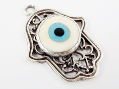 Evil Eye Hamsa Pendant, Creamy White Evil Eye, Curly Filigree, Silver Hamsa, Hand of Fatima Pendant, Artisan Glass, Matte Antique Silver 1PC