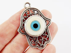 Evil Eye Hamsa Pendant, Creamy White Evil Eye, Curly Filigree, Silver Hamsa, Hand of Fatima Pendant, Artisan Glass, Matte Antique Silver 1PC