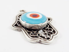 Curly Filigree Hamsa Hand of Fatima Pendant Pale Blue Artisan Glass Evil Eye - Matte Antique Silver Plated - 1pc