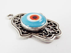 Curly Filigree Hamsa Hand of Fatima Pendant Pale Blue Artisan Glass Evil Eye - Matte Antique Silver Plated - 1pc