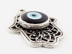 Curly Filigree Hamsa Hand of Fatima Pendant Black Artisan Glass Evil Eye - Matte Antique Silver Plated - 1pc