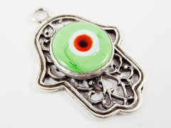 Curly Filigree Hamsa Hand of Fatima Pendant Pale Green Artisan Glass Evil Eye - Matte Antique Silver Plated - 1pc