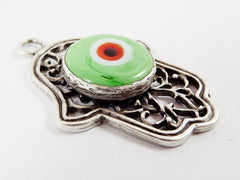 Curly Filigree Hamsa Hand of Fatima Pendant Pale Green Artisan Glass Evil Eye - Matte Antique Silver Plated - 1pc