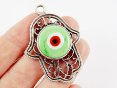 Curly Filigree Hamsa Hand of Fatima Pendant Pale Green Artisan Glass Evil Eye - Matte Antique Silver Plated - 1pc