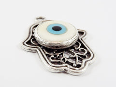 Evil Eye Hamsa Pendant, Creamy White Evil Eye, Curly Filigree, Silver Hamsa, Hand of Fatima Pendant, Artisan Glass, Matte Antique Silver 1PC