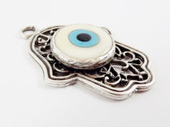 Evil Eye Hamsa Pendant, Creamy White Evil Eye, Curly Filigree, Silver Hamsa, Hand of Fatima Pendant, Artisan Glass, Matte Antique Silver 1PC