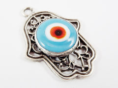 Curly Filigree Hamsa Hand of Fatima Pendant Pale Blue Artisan Glass Evil Eye - Matte Antique Silver Plated - 1pc