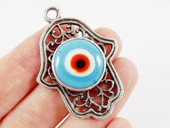 Curly Filigree Hamsa Hand of Fatima Pendant Pale Blue Artisan Glass Evil Eye - Matte Antique Silver Plated - 1pc