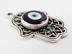 Curly Filigree Hamsa Hand of Fatima Pendant Black Artisan Glass Evil Eye - Matte Antique Silver Plated - 1pc