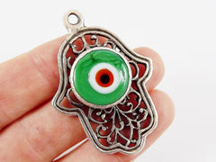 Curly Filigree Hamsa Hand of Fatima Pendant Green Artisan Glass Evil Eye - Matte Antique Silver Plated - 1pc