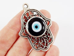 Curly Filigree Hamsa Hand of Fatima Pendant Black Artisan Glass Evil Eye - Matte Antique Silver Plated - 1pc