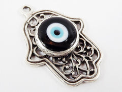 Curly Filigree Hamsa Hand of Fatima Pendant Black Artisan Glass Evil Eye - Matte Antique Silver Plated - 1pc