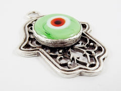 Curly Filigree Hamsa Hand of Fatima Pendant Pale Green Artisan Glass Evil Eye - Matte Antique Silver Plated - 1pc