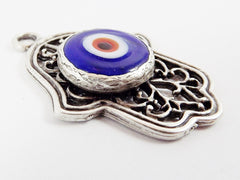 Curly Filigree Hamsa Hand of Fatima Pendant Blue Artisan Glass Evil Eye - Matte Antique Silver Plated - 1pc