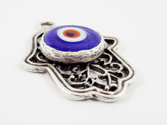 Curly Filigree Hamsa Hand of Fatima Pendant Blue Artisan Glass Evil Eye - Matte Antique Silver Plated - 1pc