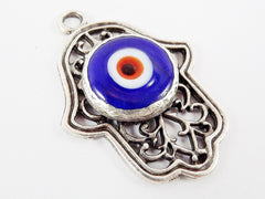Curly Filigree Hamsa Hand of Fatima Pendant Blue Artisan Glass Evil Eye - Matte Antique Silver Plated - 1pc