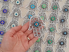 Evil Eye Hamsa Pendant, Silver Hamsa, Extra Large Hamsa, Hand of Fatima Pendant, Pale Blue Evil Eye, Artisan Glass, Matte Antique Silver 1PC