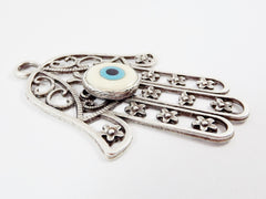 Extra Large Hamsa Hand of Fatima Pendant Creamy White Artisan Glass Evil Eye - Matte Antique Silver Plated - 1PC